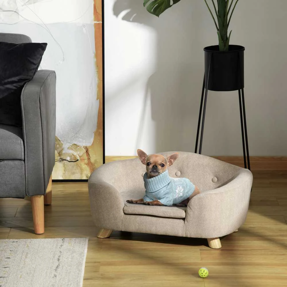 PawHut naminių gyvūnų sofa, šuns guolis su pagalve, kišene atloše, pliušiniu užvalkalu, kreminės baltos spalvos, pušies rėmas