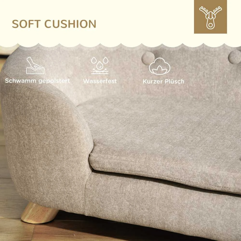 PawHut naminių gyvūnų sofa, šuns guolis su pagalve, kišene atloše, pliušiniu užvalkalu, kreminės baltos spalvos, pušies rėmas