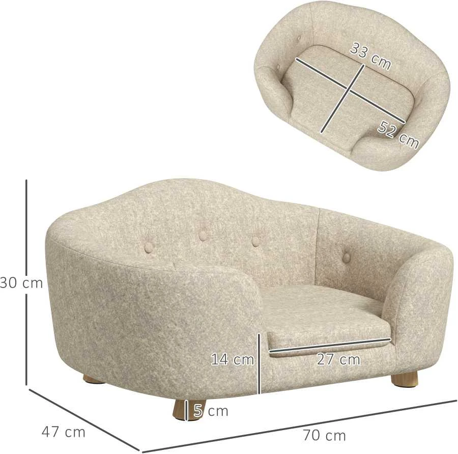 PawHut naminių gyvūnų sofa, šuns guolis su pagalve, kišene atloše, pliušiniu užvalkalu, kreminės baltos spalvos, pušies rėmas