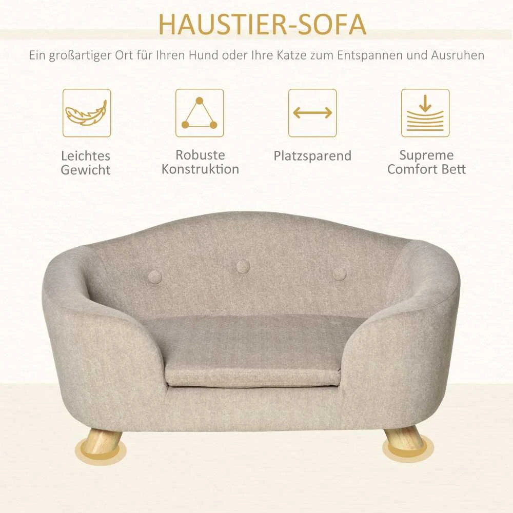 PawHut naminių gyvūnų sofa, šuns guolis su pagalve, kišene atloše, pliušiniu užvalkalu, kreminės baltos spalvos, pušies rėmas
