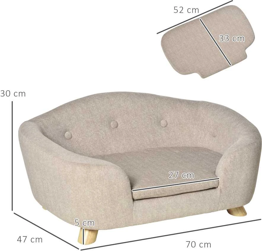 PawHut naminių gyvūnų sofa, šuns guolis su pagalve, kišene atloše, pliušiniu užvalkalu, kreminės baltos spalvos, pušies rėmas