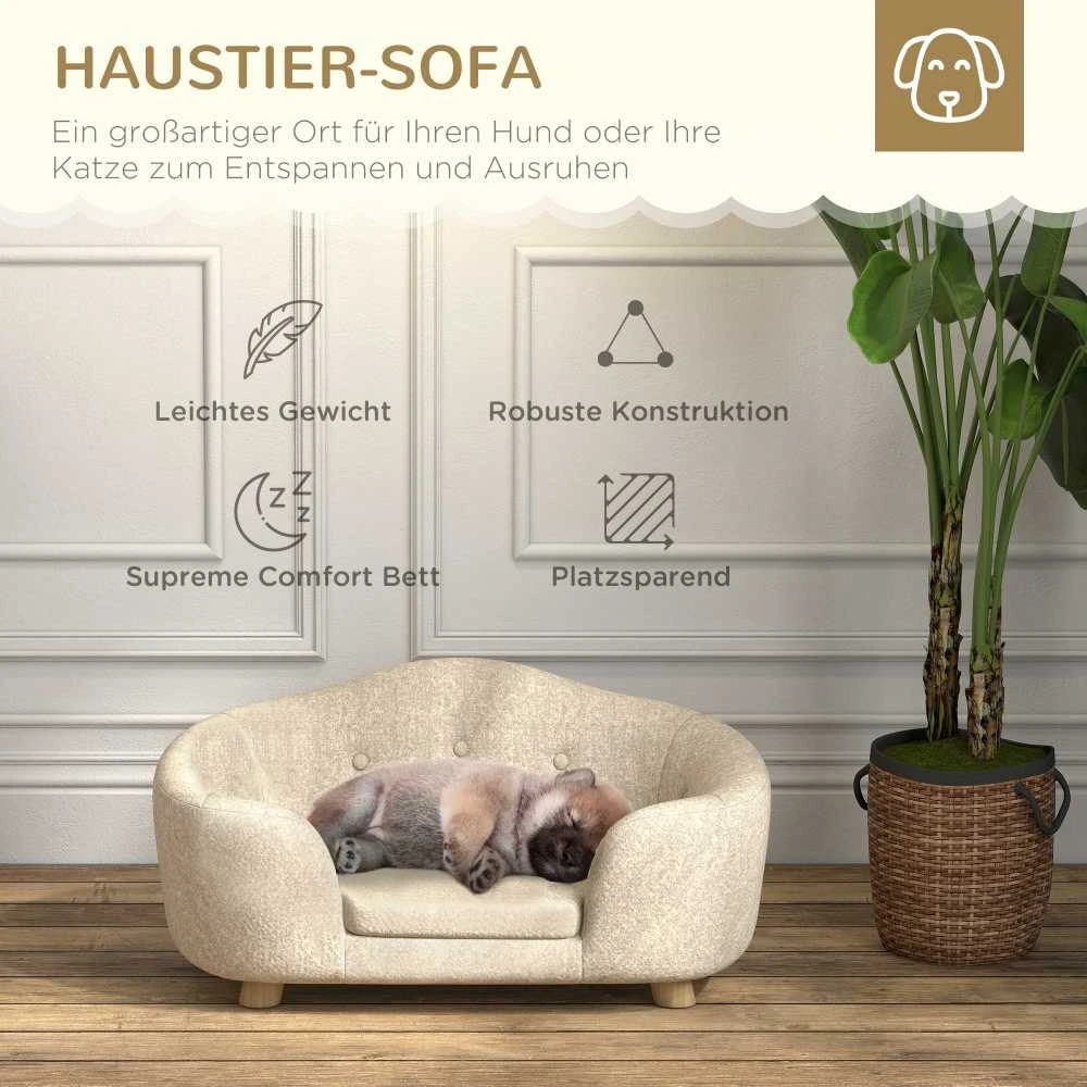 PawHut naminių gyvūnų sofa, šuns guolis su pagalve, kišene atloše, pliušiniu užvalkalu, kreminės baltos spalvos, pušies rėmas