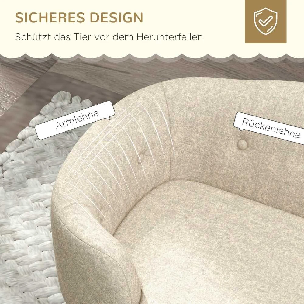 PawHut naminių gyvūnų sofa, šuns guolis su pagalve, kišene atloše, pliušiniu užvalkalu, kreminės baltos spalvos, pušies rėmas