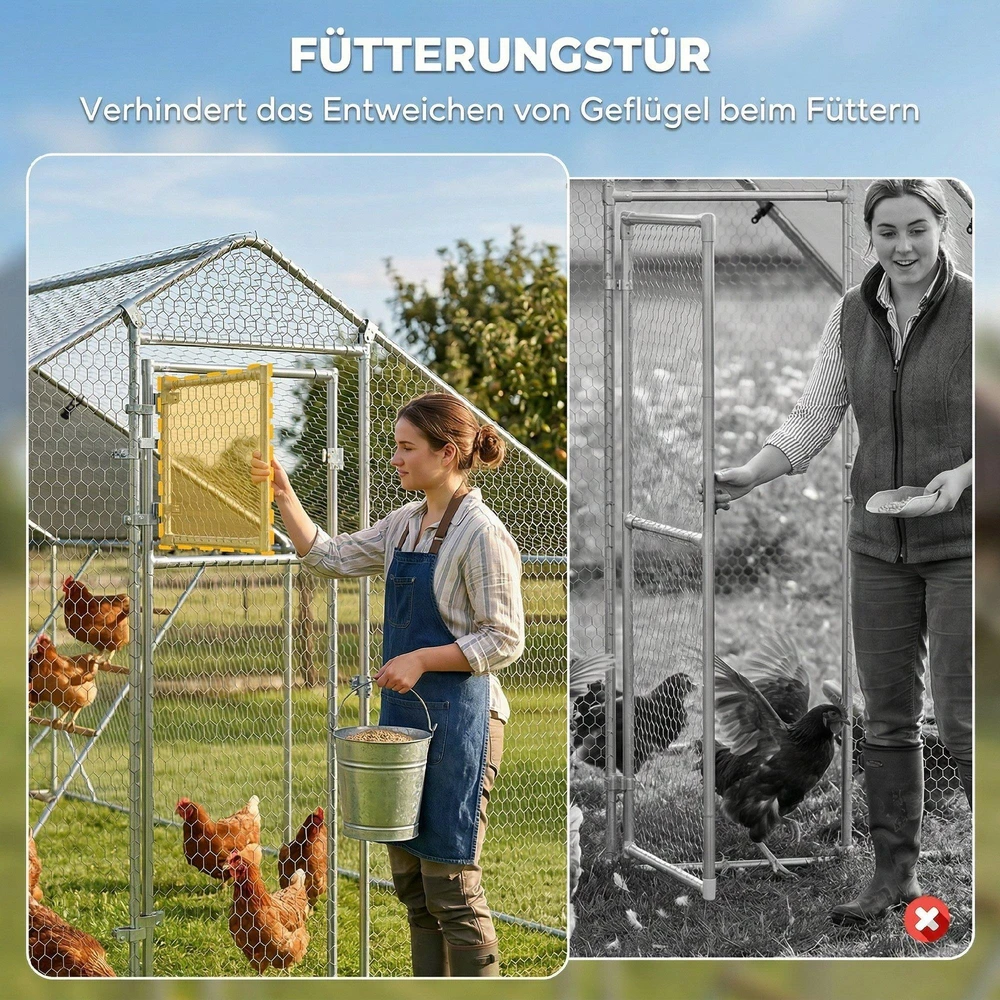 PawHut plieno vištidės lauko aptvaras, 300 x 400 x 195 cm vištų narvas su UV spinduliams atspariu stogeliu, durelėmis lesalui, pakabinama lesykla, laktomis, aptvaras 12–18 vištų, smulkiems gyvūnams, sidabrinės spalvos