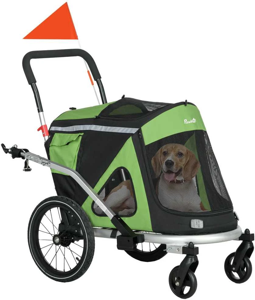 PawHut 2in1 šunų priekaba, šunų vežimėlis, dviračio priekaba šunims, su saugos pavadėliu, atšvaitais, iki 20 kg, Oxford, žalia