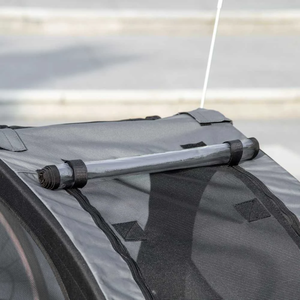 PawHut šunų priekaba, sulankstoma dviračio priekaba su tinkliniais langais, atšvaitais ir vėliavėle, greito atjungimo mechanizmas, pagaminta iš Oksfordo audinio ir plieno, juoda, 140x71x83 cm