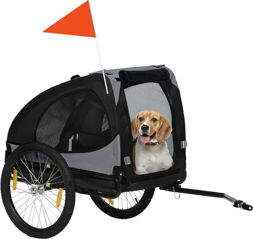 PawHut šunų priekaba, sulankstoma dviračio priekaba su tinkliniais langais, atšvaitais ir vėliavėle, greito atjungimo mechanizmas, pagaminta iš Oksfordo audinio ir plieno, juoda, 140x71x83 cm