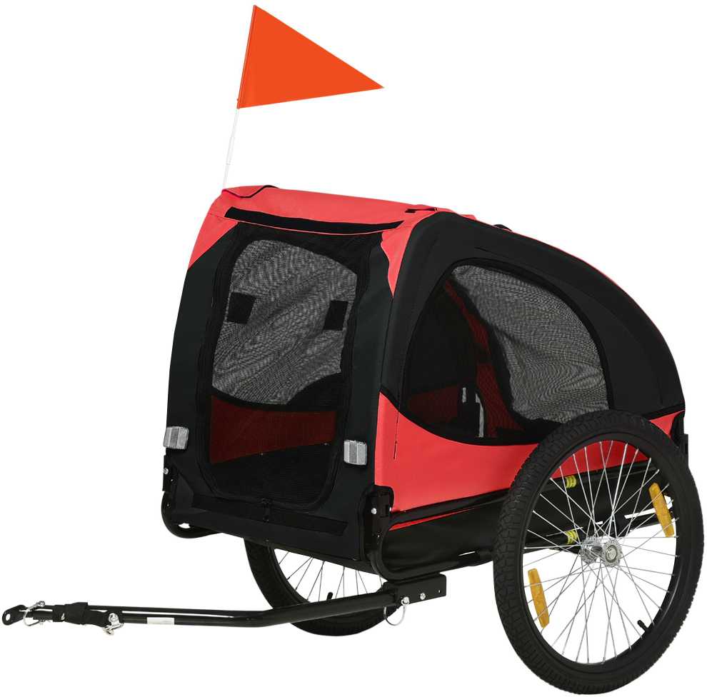 PawHut šunų priekaba, sulankstoma dviračio priekaba šunims, šunų vežimėlis su atšvaitais, greito atjungimo mechanizmas, dviračio priekaba šunims, atspari vandeniui, Oksfordo audinys, plienas, raudona, 140 x 71 x 83 cm