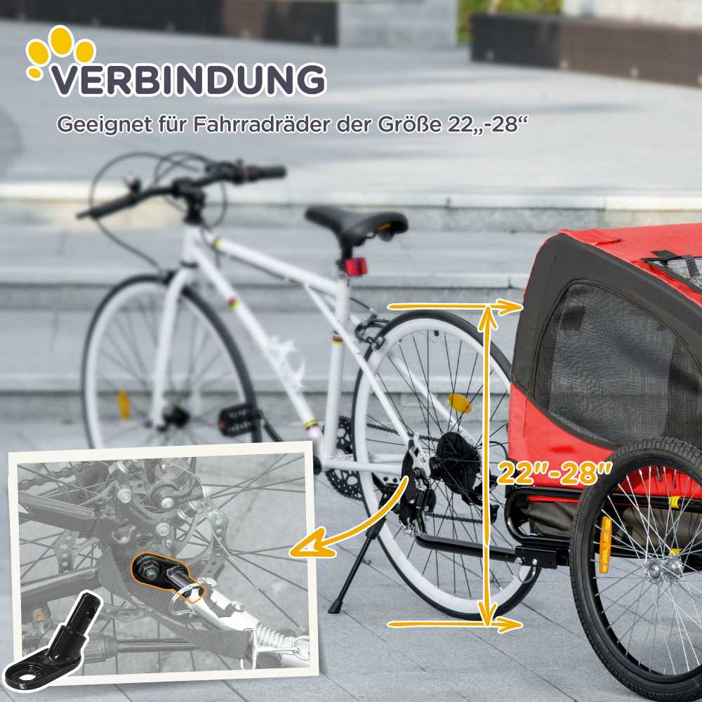 PawHut šunų priekaba, sulankstoma dviračio priekaba šunims, šunų vežimėlis su atšvaitais, greito atjungimo mechanizmas, dviračio priekaba šunims, atspari vandeniui, Oksfordo audinys, plienas, raudona, 140 x 71 x 83 cm