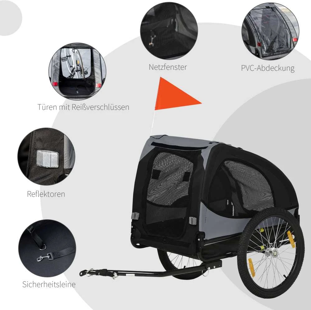 PawHut šunų priekaba, sulankstoma dviračio priekaba su tinkliniais langais, atšvaitais ir vėliavėle, greito atjungimo mechanizmas, pagaminta iš Oksfordo audinio ir plieno, juoda, 140x71x83 cm