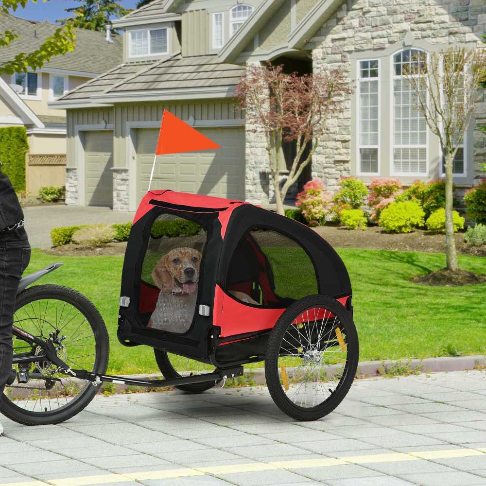 PawHut šunų priekaba, sulankstoma dviračio priekaba šunims, šunų vežimėlis su atšvaitais, greito atjungimo mechanizmas, dviračio priekaba šunims, atspari vandeniui, Oksfordo audinys, plienas, raudona, 140 x 71 x 83 cm
