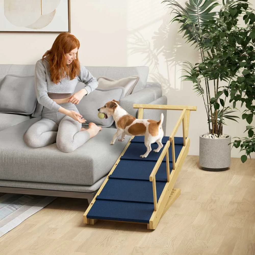 PawHut sulankstoma šunų rampa, naminių gyvūnų rampa su nuimamais turėklais, neslystanti pagalbinė priemonė įlipti augintiniams iki 40 kg, 85 x 40 x 78,5 cm, natūrali spalva | Aosom
