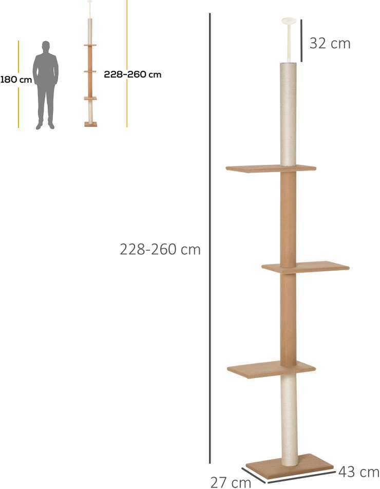 PawHut reguliuojamo aukščio draskyklė katėms, laipynė, žaidimų medis, chaki spalvos, 43x27x228-260cm