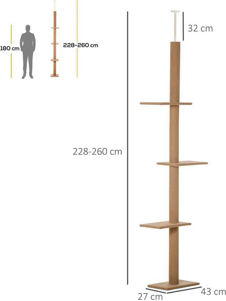 PawHut reguliuojamo aukščio draskyklė katėms, laipynė, žaidimų medis, šviesiai ruda, 43x27x228-260 cm