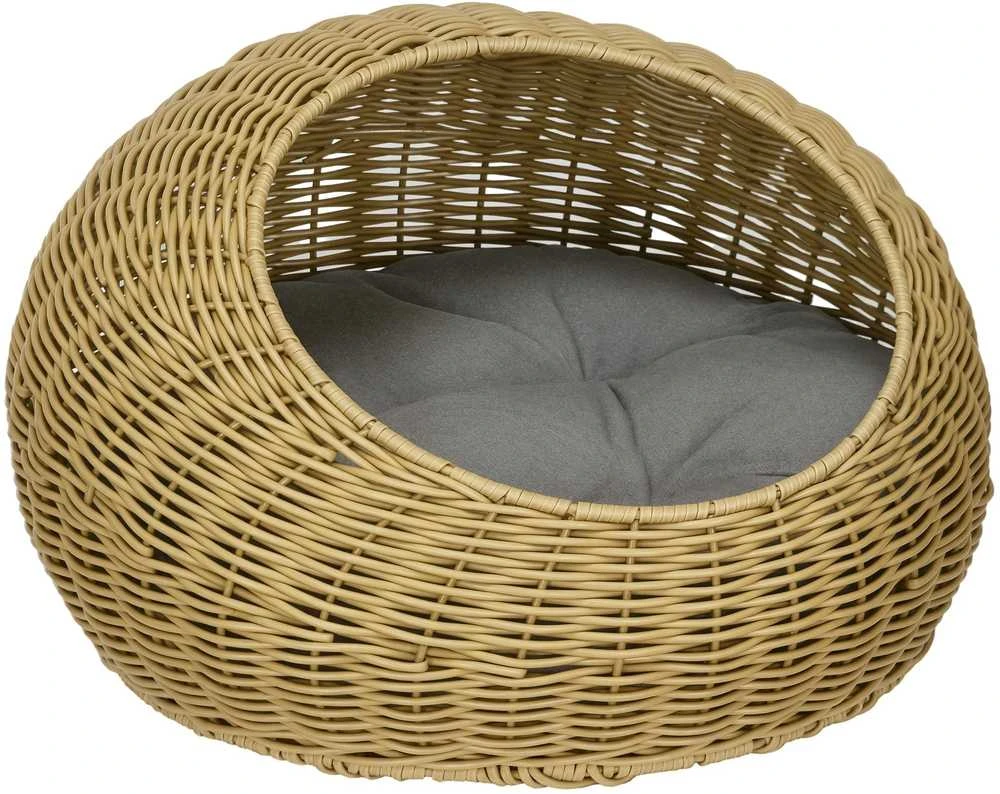 PawHut rotango krepšys namelis katėms su pagalvėle, skirtas katėms iki 4kg, augintinių guolis, namelis katėms, vidaus naudojimui, PE rotangas, Ø50 x 31 cm, šviesiai rudas
