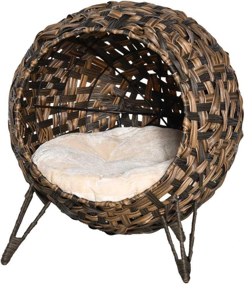 PawHut rotango kačių lova su pagalvėle, pakeltomis kojelėmis, ruda, Ø52x58cm