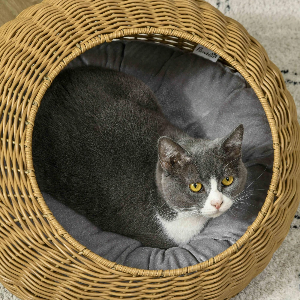 PawHut rotango krepšys namelis katėms su pagalvėle, skirtas katėms iki 4kg, augintinių guolis, namelis katėms, vidaus naudojimui, PE rotangas, Ø50 x 31 cm, šviesiai rudas