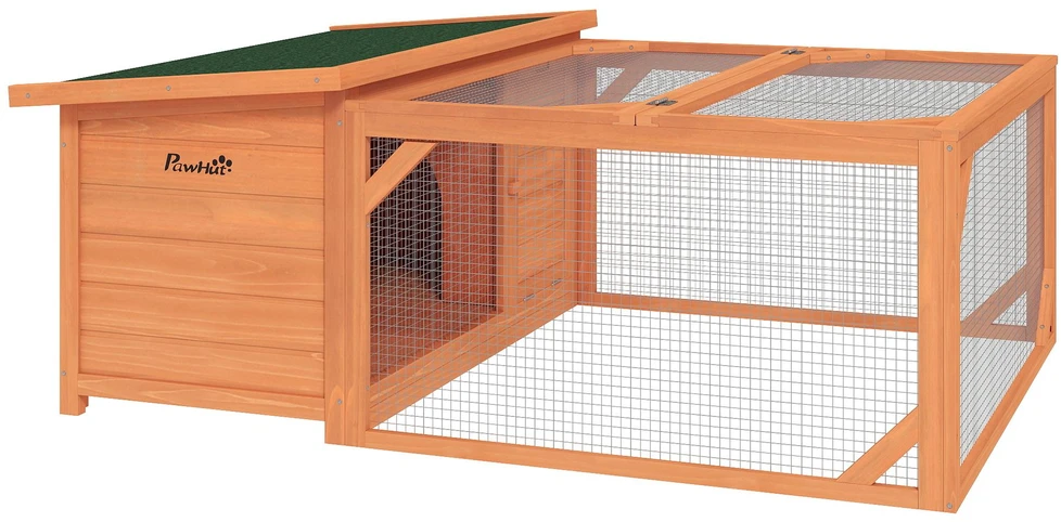PawHut smulkių gyvūnų narvas nykštukiniams triušiams 125,5x100x49 cm su atidaromu bituminiu stogu, tinka naudoti lauke ir viduje, atsparus oro sąlygoms, iš eglės medienos, oranžinis ir žalias