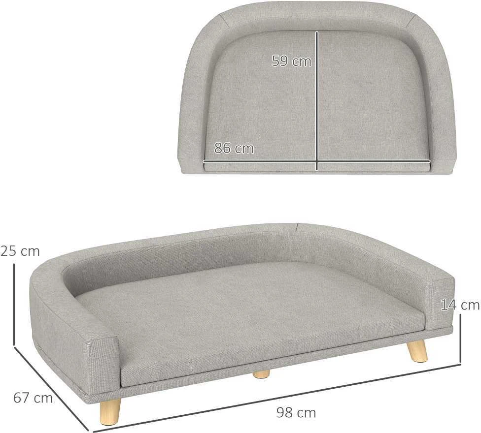 PawHut šunų sofa, naminių gyvūnėlių sofa, kačių sofa su pagalve, šunų lova dideliems šunims, šunų gultas su paaukštintu dizainu, šunų fotelis su medinėmis kojelėmis, pilka, 98 x 67 x 25 cm