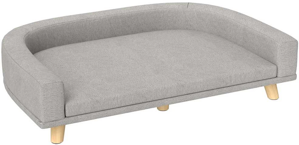 PawHut šunų sofa, naminių gyvūnėlių sofa, kačių sofa su pagalve, šunų lova dideliems šunims, šunų gultas su paaukštintu dizainu, šunų fotelis su medinėmis kojelėmis, pilka, 98 x 67 x 25 cm