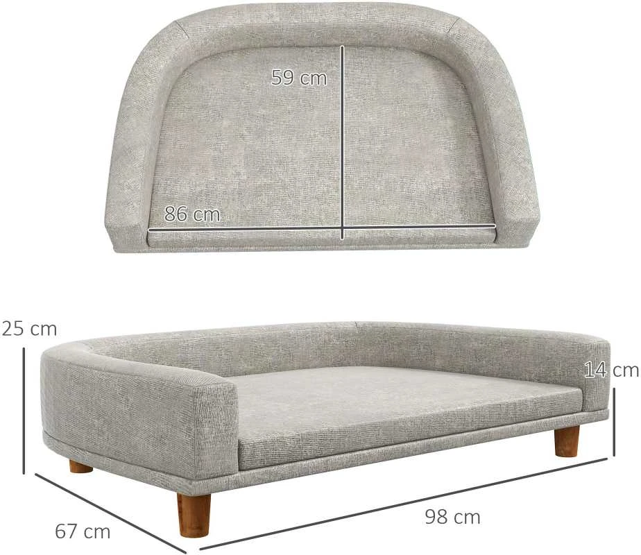 PawHut šunų sofa, naminių gyvūnėlių sofa, kačių sofa su pagalve, šunų lova dideliems šunims, šunų gultas su paaukštintu dizainu, šunų fotelis su medinėmis kojelėmis, pilka, 98 x 67 x 25 cm