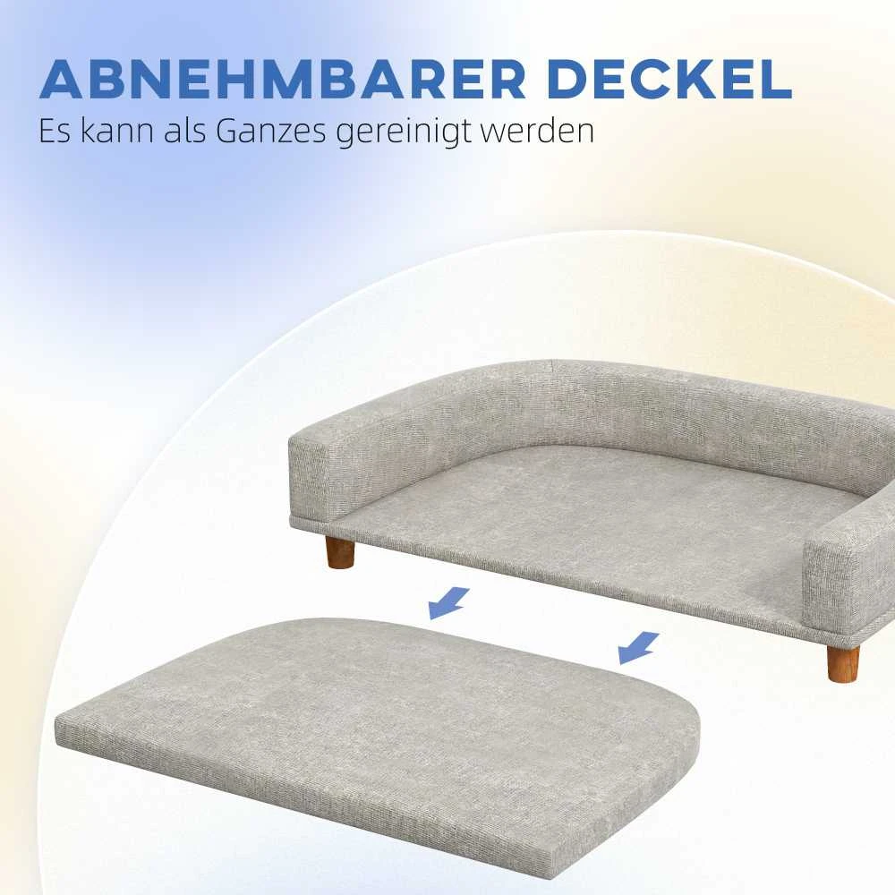 PawHut šunų sofa, naminių gyvūnėlių sofa, kačių sofa su pagalve, šunų lova dideliems šunims, šunų gultas su paaukštintu dizainu, šunų fotelis su medinėmis kojelėmis, pilka, 98 x 67 x 25 cm