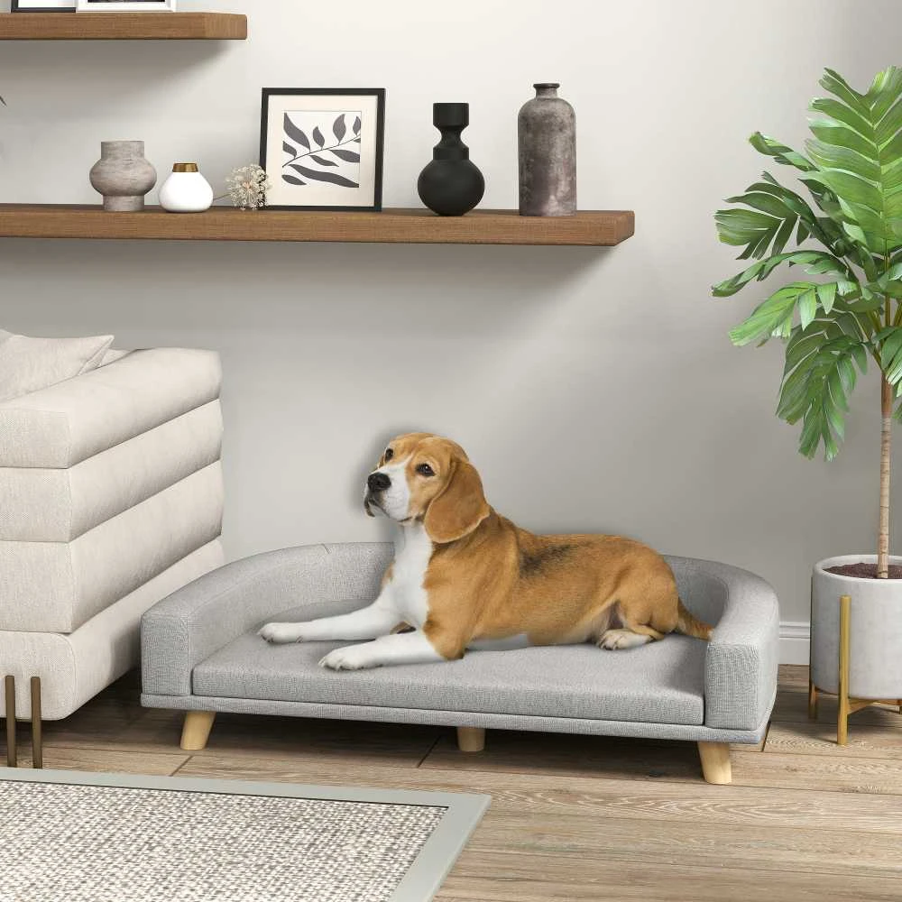 PawHut šunų sofa, naminių gyvūnėlių sofa, kačių sofa su pagalve, šunų lova dideliems šunims, šunų gultas su paaukštintu dizainu, šunų fotelis su medinėmis kojelėmis, pilka, 98 x 67 x 25 cm