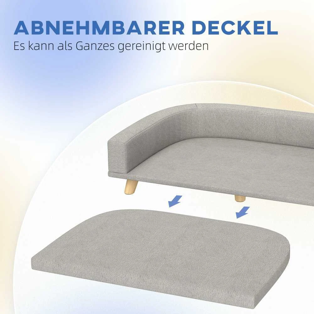 PawHut šunų sofa, naminių gyvūnėlių sofa, kačių sofa su pagalve, šunų lova dideliems šunims, šunų gultas su paaukštintu dizainu, šunų fotelis su medinėmis kojelėmis, pilka, 98 x 67 x 25 cm