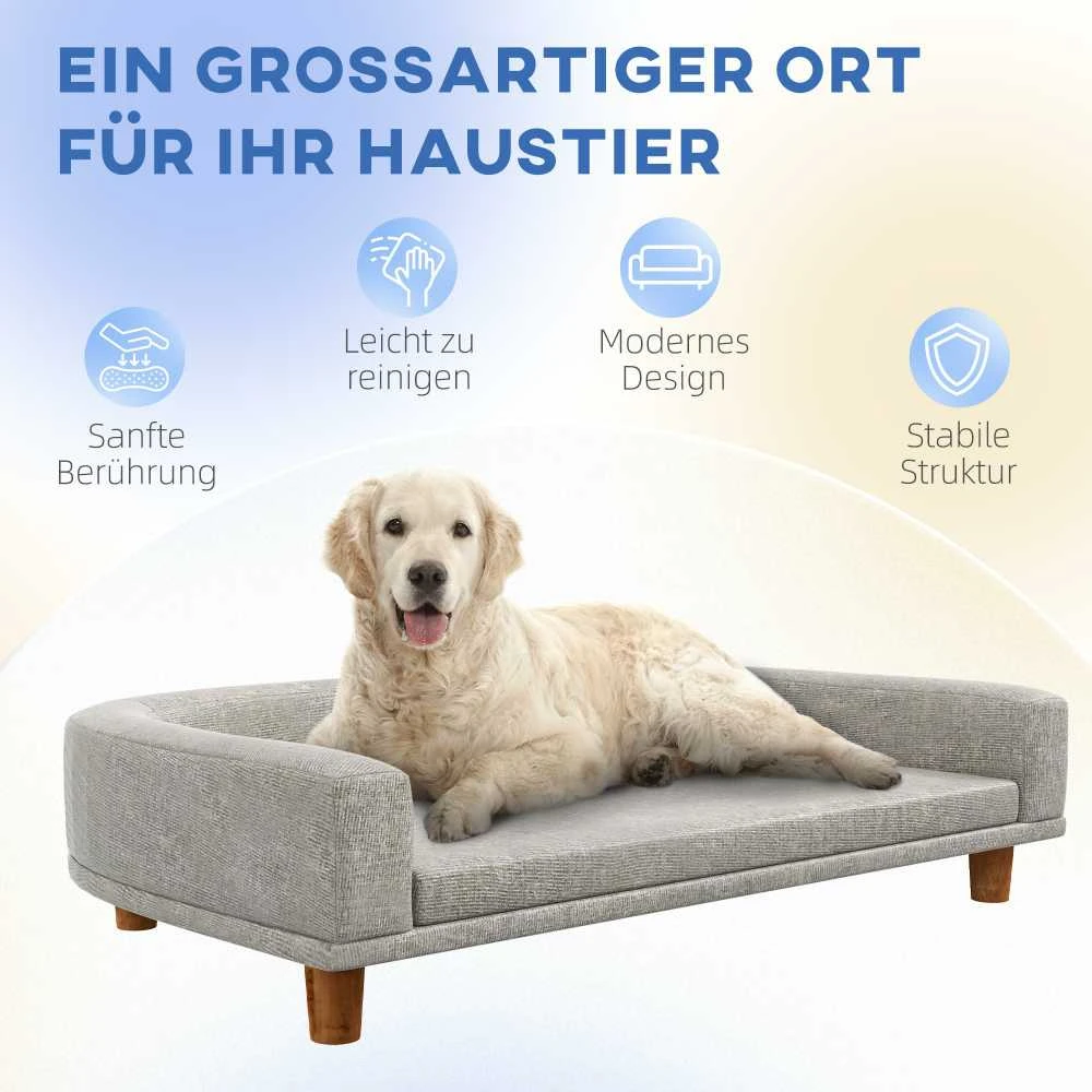 PawHut šunų sofa, naminių gyvūnėlių sofa, kačių sofa su pagalve, šunų lova dideliems šunims, šunų gultas su paaukštintu dizainu, šunų fotelis su medinėmis kojelėmis, pilka, 98 x 67 x 25 cm