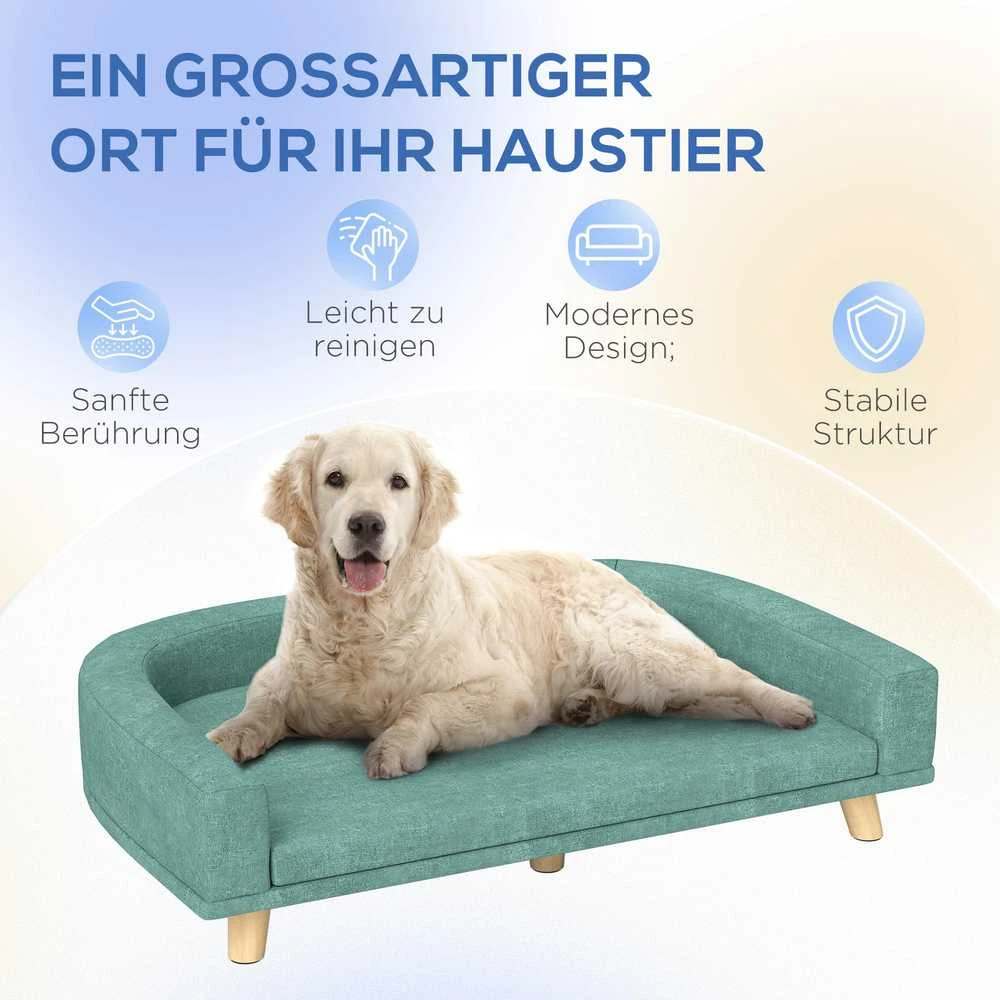 PawHut šunų sofa, patogi sofa augintiniams su pagalve, ideali dideliems šunims, pakeltas dizainas, medinės kojelės, žalia, 98x67x25 cm