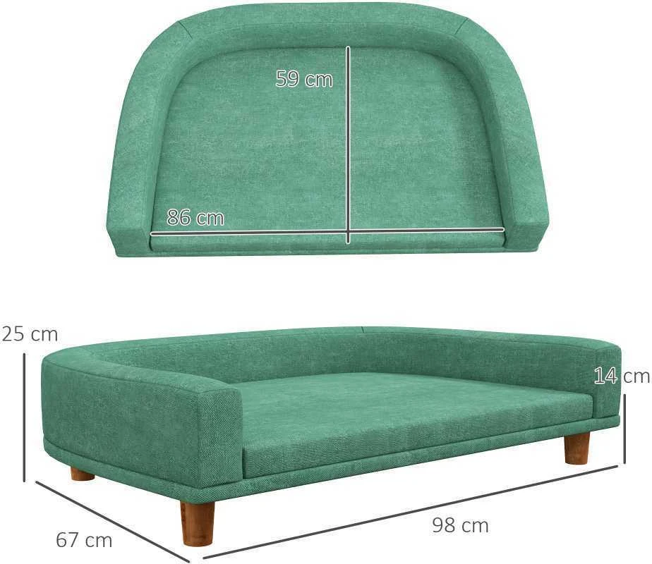 PawHut šunų sofa, patogi sofa augintiniams su pagalve, ideali dideliems šunims, pakeltas dizainas, medinės kojelės, žalia, 98x67x25 cm