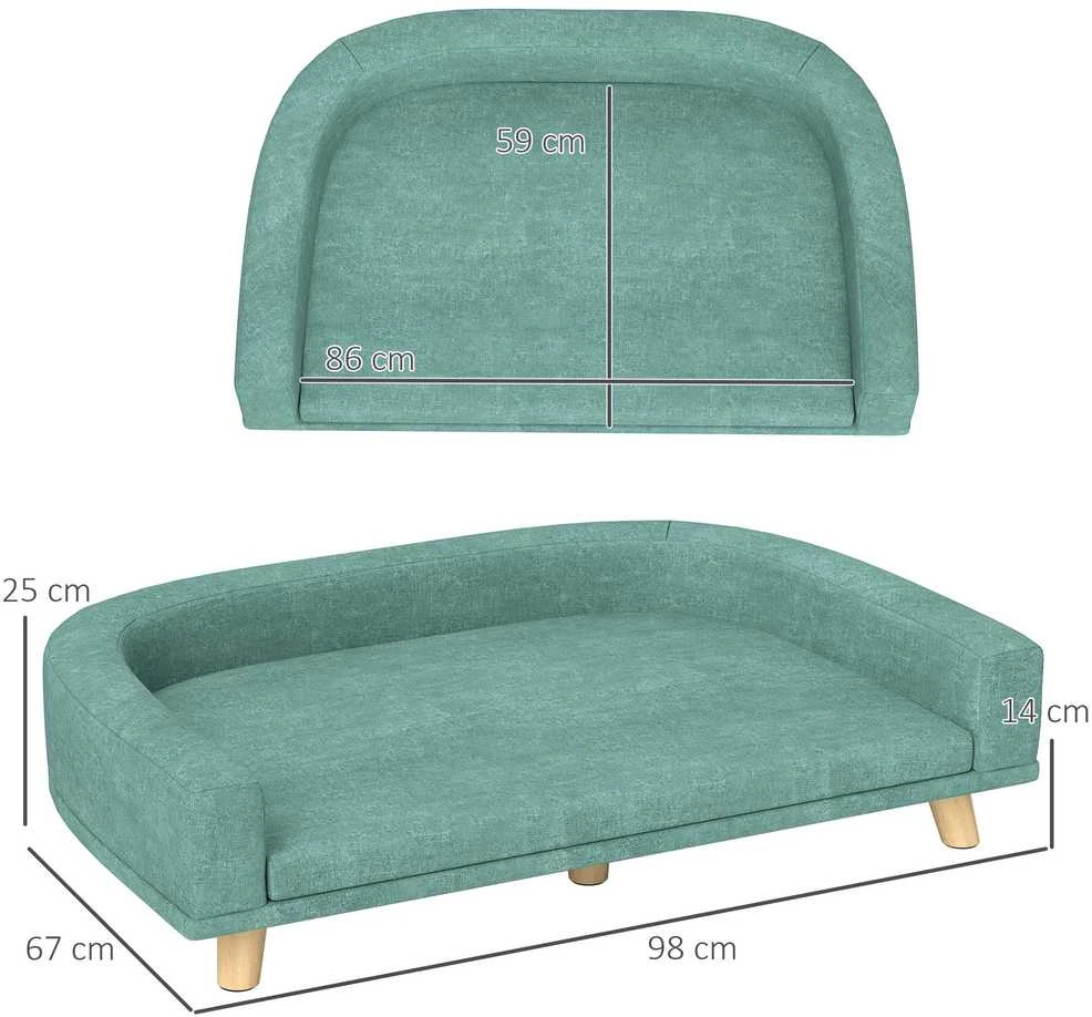 PawHut šunų sofa, patogi sofa augintiniams su pagalve, ideali dideliems šunims, pakeltas dizainas, medinės kojelės, žalia, 98x67x25 cm