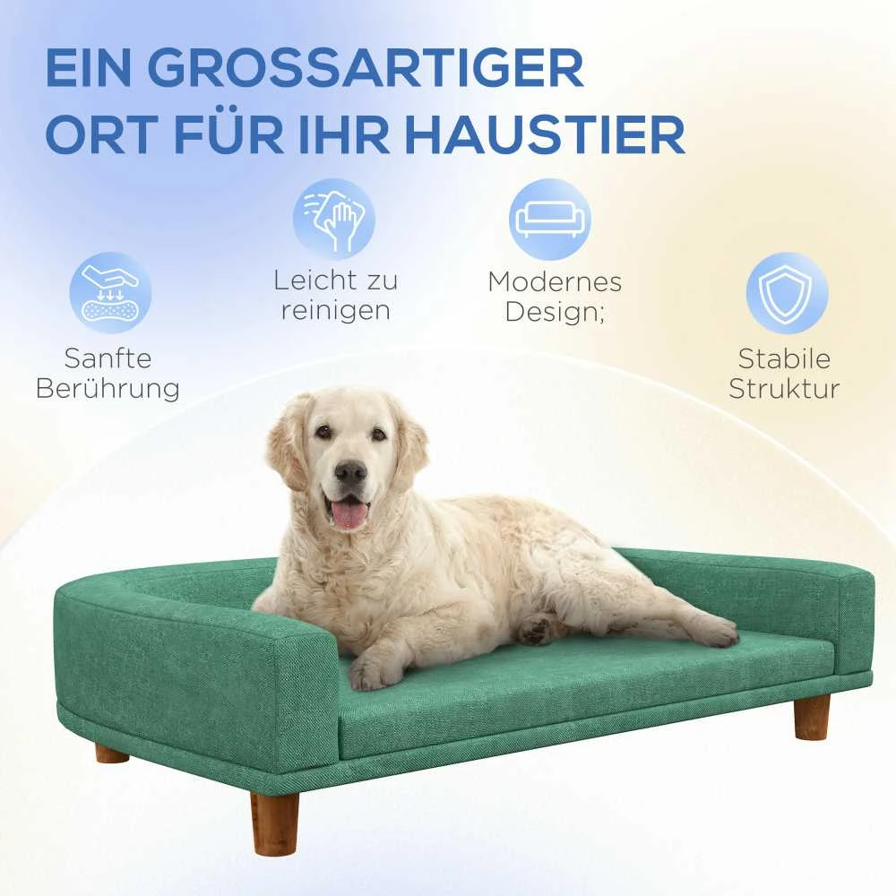 PawHut šunų sofa, patogi sofa augintiniams su pagalve, ideali dideliems šunims, pakeltas dizainas, medinės kojelės, žalia, 98x67x25 cm