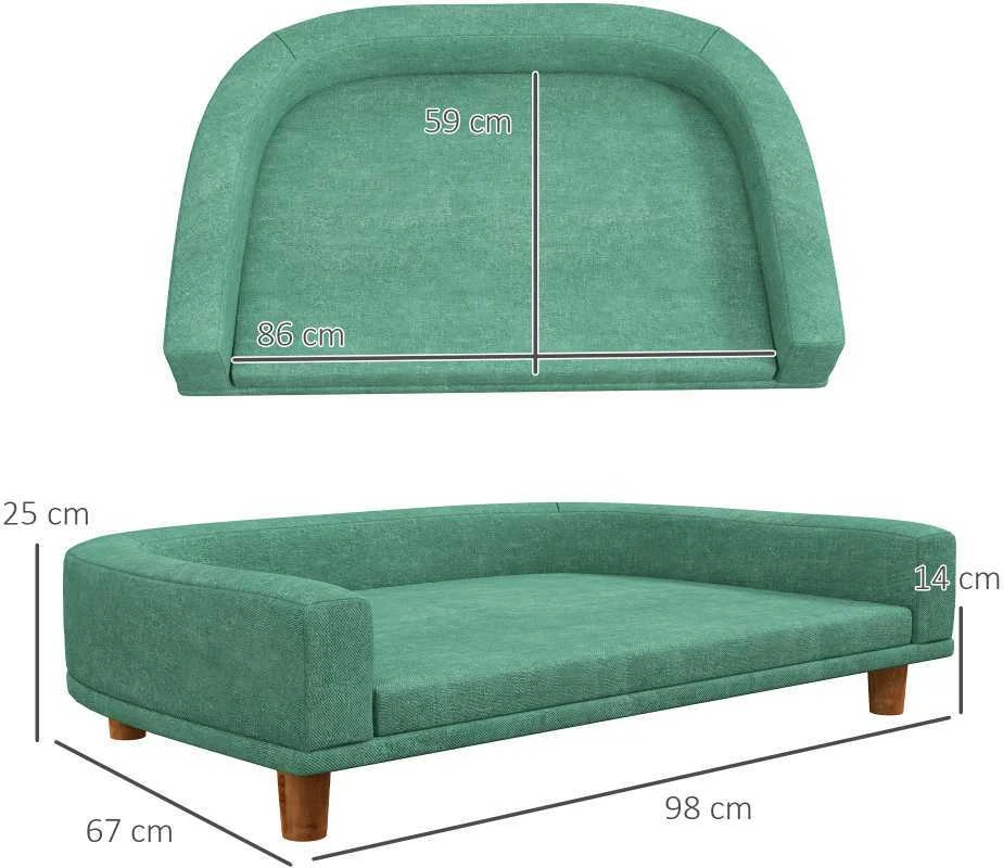 PawHut šunų sofa, patogi sofa augintiniams su pagalve, ideali dideliems šunims, pakeltas dizainas, medinės kojelės, žalia, 98x67x25 cm
