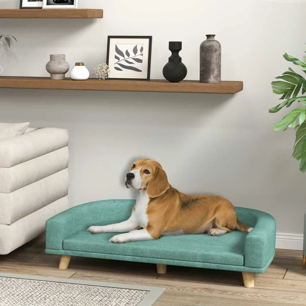 PawHut šunų sofa, patogi sofa augintiniams su pagalve, ideali dideliems šunims, pakeltas dizainas, medinės kojelės, žalia, 98x67x25 cm