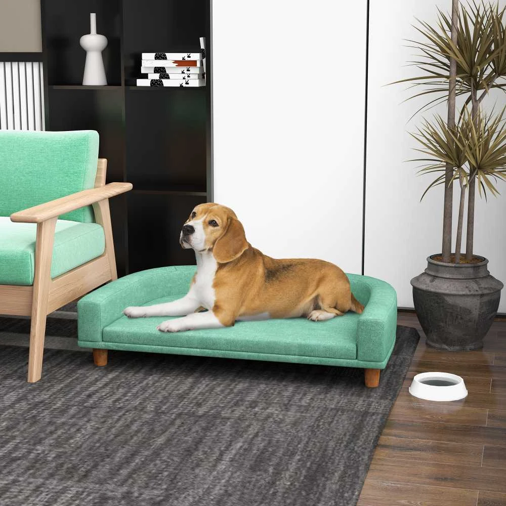 PawHut šunų sofa, patogi sofa augintiniams su pagalve, ideali dideliems šunims, pakeltas dizainas, medinės kojelės, žalia, 98x67x25 cm