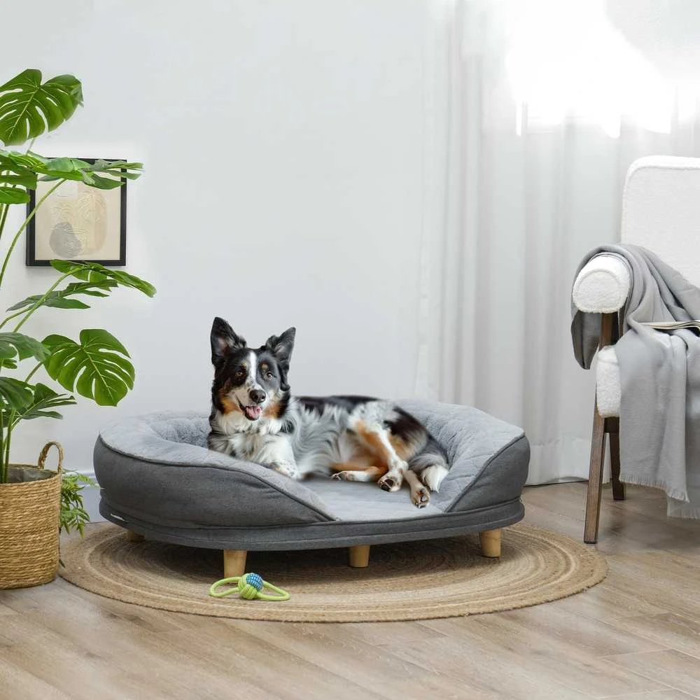 PawHut šunų sofa, plaunamu užvalkalu, augintinių sofa su atlošu ir medinėmis kojelėmis, kačių sofa, vidutinio dydžio šunims iki 25 kg, pilka