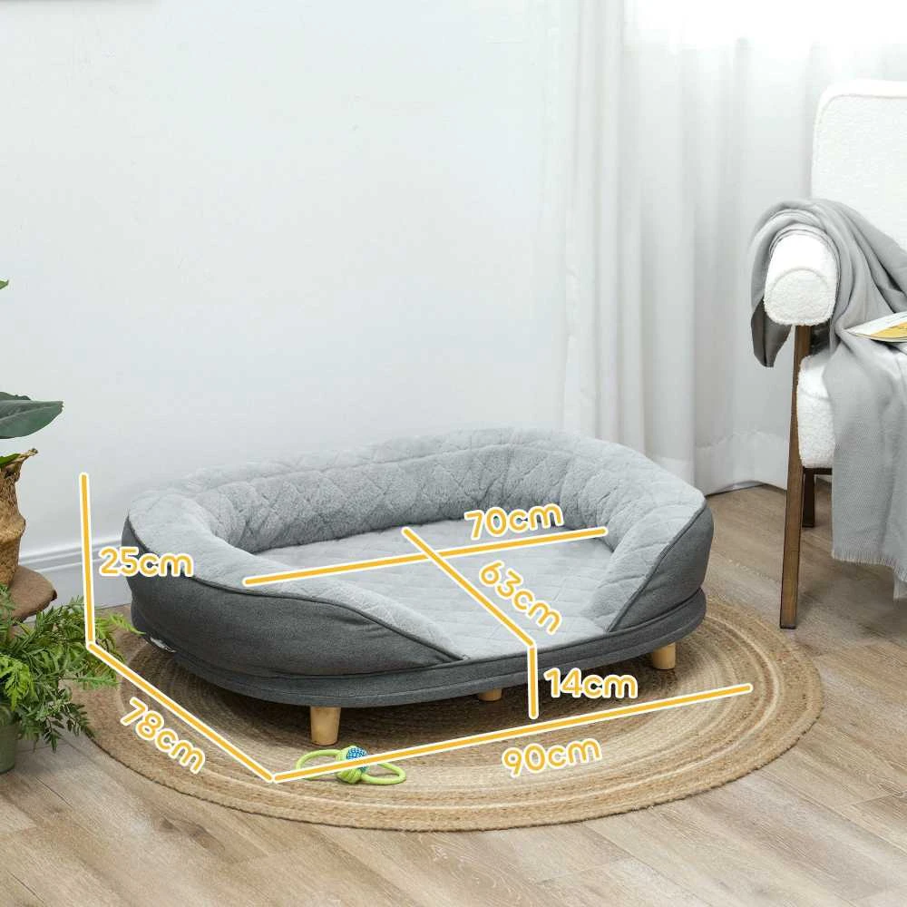 PawHut šunų sofa, plaunamu užvalkalu, augintinių sofa su atlošu ir medinėmis kojelėmis, kačių sofa, vidutinio dydžio šunims iki 25 kg, pilka