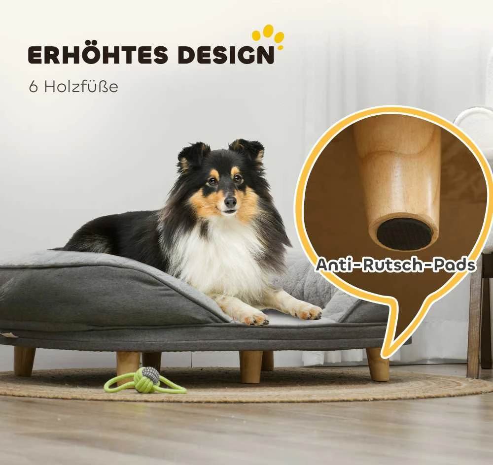 PawHut šunų sofa, plaunamu užvalkalu, augintinių sofa su atlošu ir medinėmis kojelėmis, kačių sofa, vidutinio dydžio šunims iki 25 kg, pilka