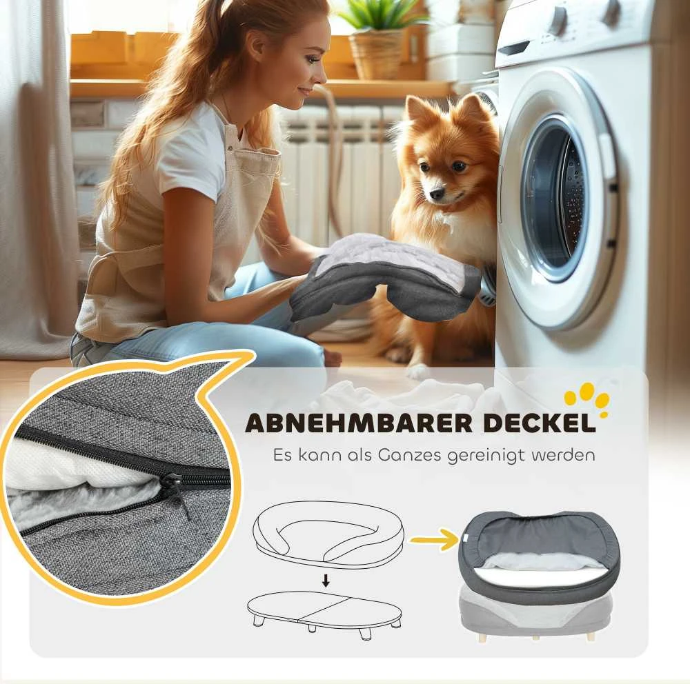 PawHut šunų sofa, plaunamu užvalkalu, augintinių sofa su atlošu ir medinėmis kojelėmis, kačių sofa, vidutinio dydžio šunims iki 25 kg, pilka