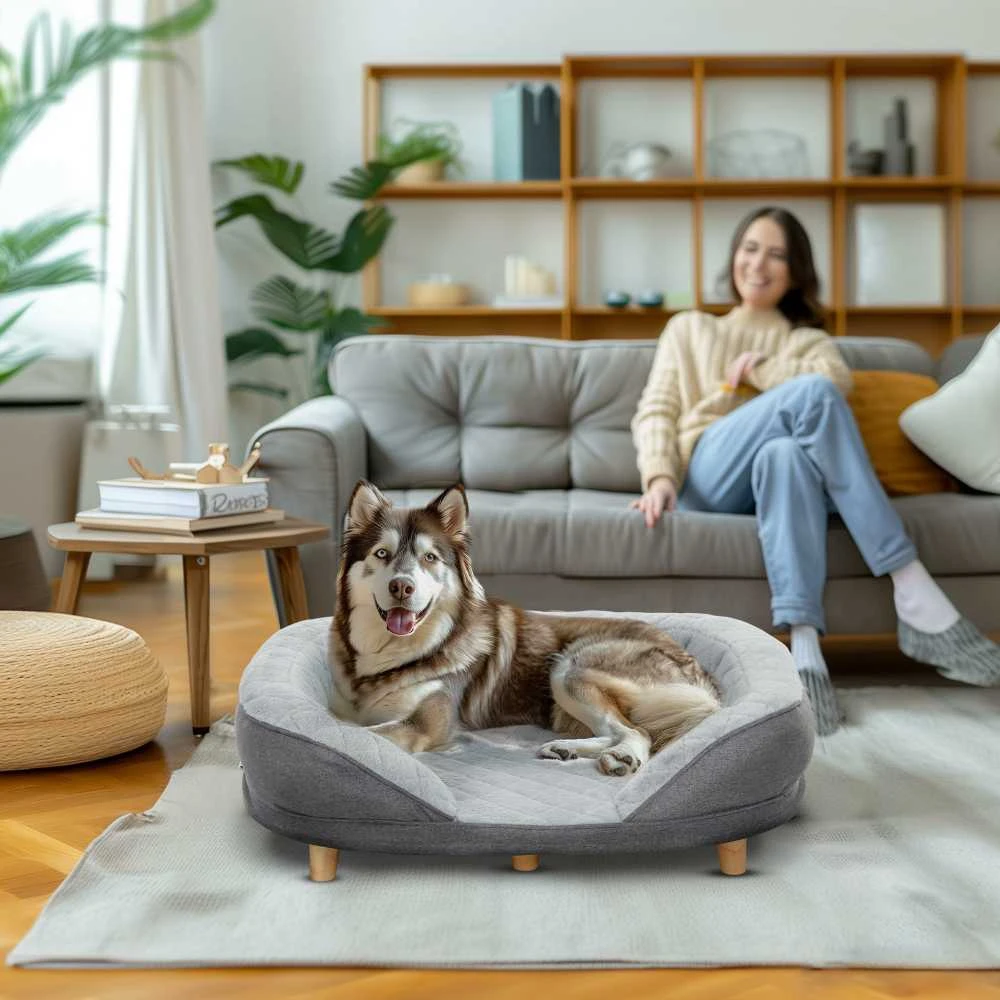 PawHut šunų sofa, plaunamu užvalkalu, augintinių sofa su atlošu ir medinėmis kojelėmis, kačių sofa, vidutinio dydžio šunims iki 25 kg, pilka