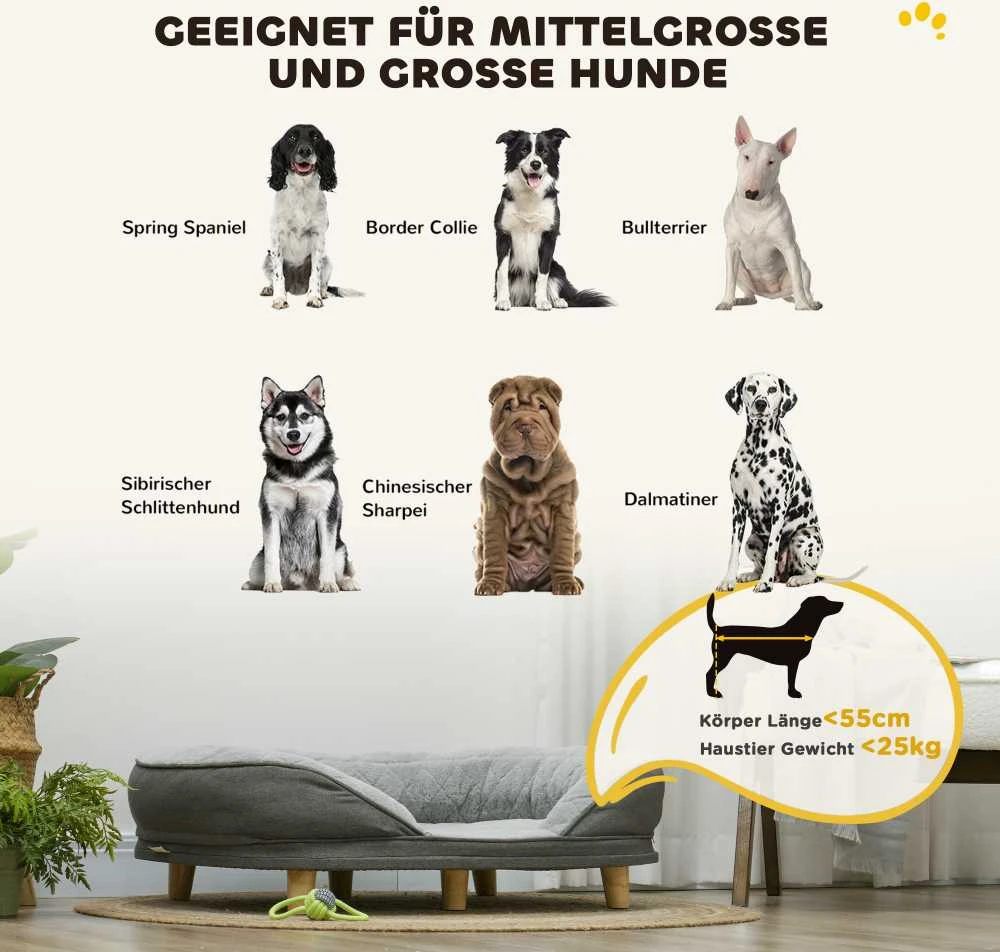PawHut šunų sofa, plaunamu užvalkalu, augintinių sofa su atlošu ir medinėmis kojelėmis, kačių sofa, vidutinio dydžio šunims iki 25 kg, pilka