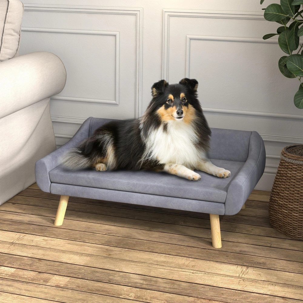 PawHut sofa šunims Stilinga sofa katėms su atlošu ir pagalvėlėmis, skirta vidutinio ir didelio dydžio šunims, aksomas, pilka, 102x58,5x42,5 cm