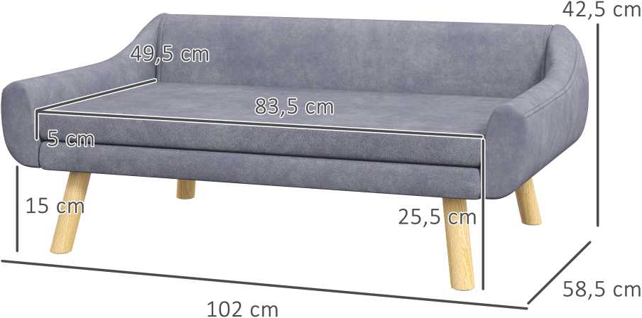PawHut sofa šunims Stilinga sofa katėms su atlošu ir pagalvėlėmis, skirta vidutinio ir didelio dydžio šunims, aksomas, pilka, 102x58,5x42,5 cm