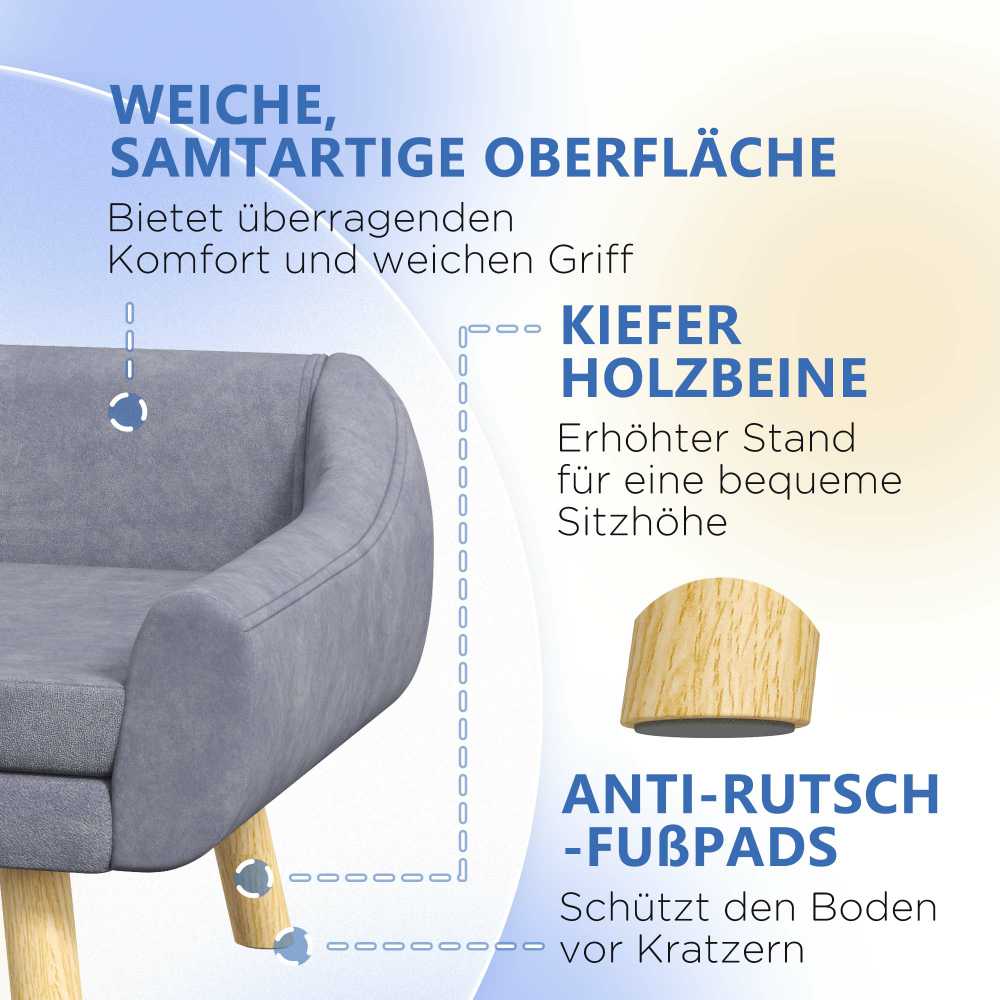 PawHut sofa šunims Stilinga sofa katėms su atlošu ir pagalvėlėmis, skirta vidutinio ir didelio dydžio šunims, aksomas, pilka, 102x58,5x42,5 cm