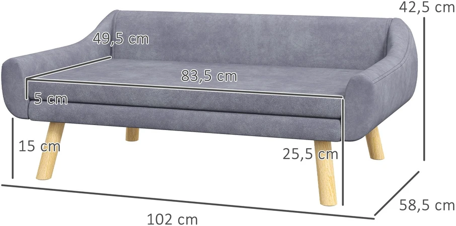 PawHut sofa šunims Stilinga sofa katėms su atlošu ir pagalvėlėmis, skirta vidutinio ir didelio dydžio šunims, aksomas, pilka, 102x58,5x42,5 cm