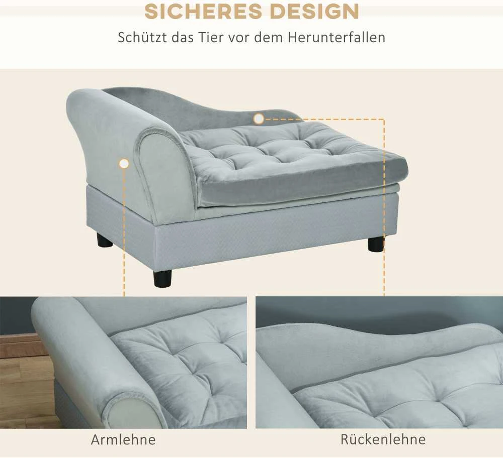 PawHut šunų sofa, pliušinė šunų lova su kilimėliu ir saugykla, natūrali mediena, šviesiai mėlyna, 76x45x41,5 cm