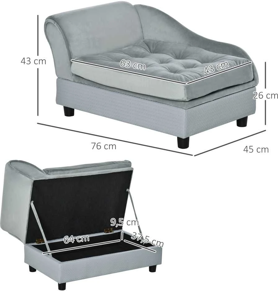 PawHut šunų sofa, pliušinė šunų lova su kilimėliu ir saugykla, natūrali mediena, šviesiai mėlyna, 76x45x41,5 cm