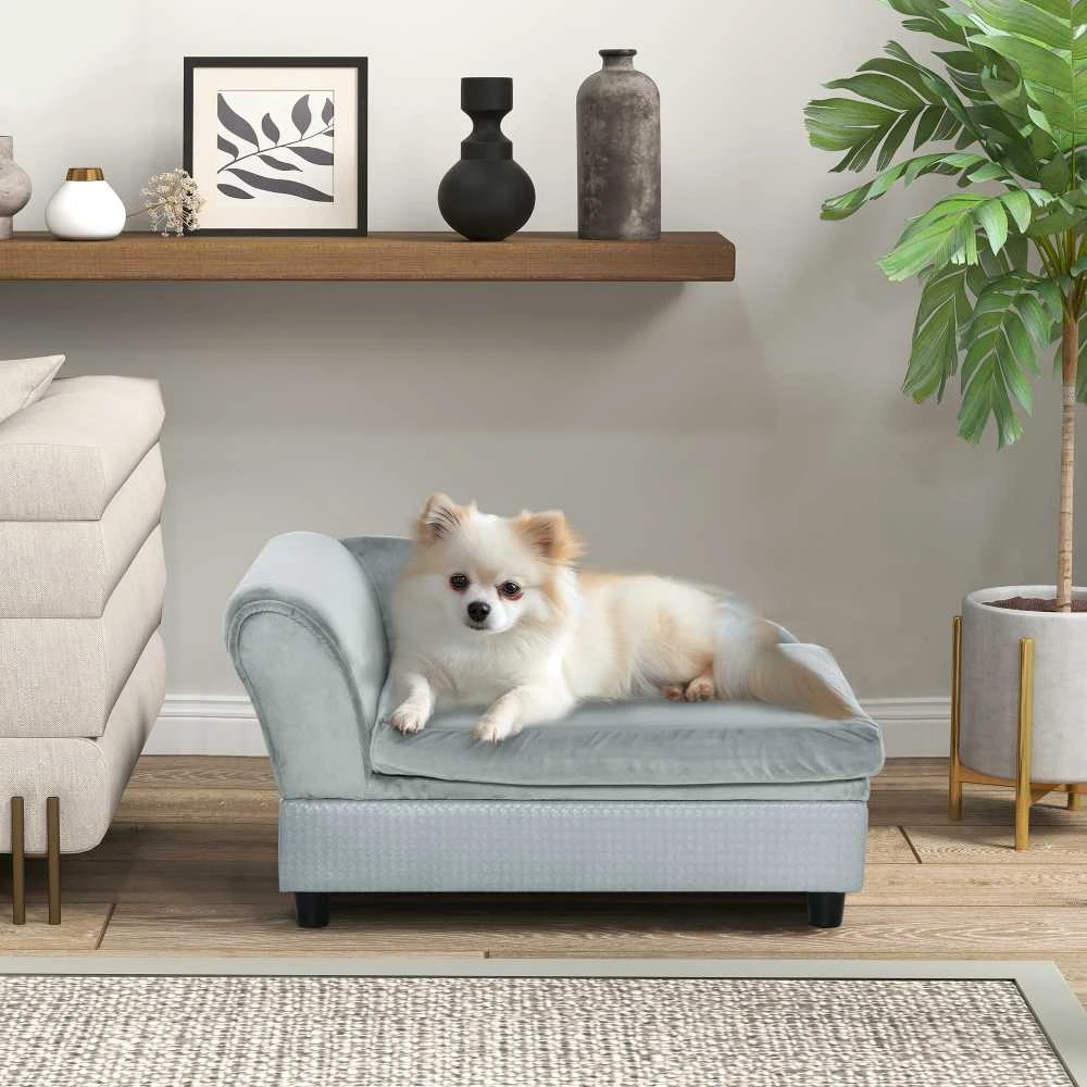 PawHut šunų sofa, pliušinė šunų lova su kilimėliu ir saugykla, natūrali mediena, šviesiai mėlyna, 76x45x41,5 cm