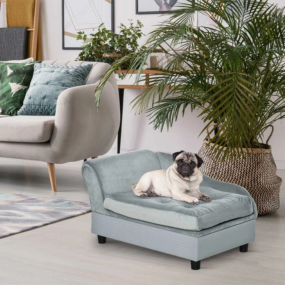 PawHut šunų sofa, pliušinė šunų lova su kilimėliu ir saugykla, natūrali mediena, šviesiai mėlyna, 76x45x41,5 cm